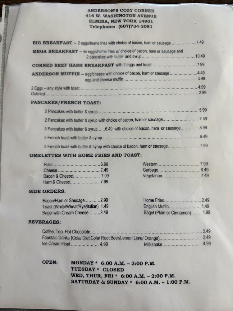 Anderson's Cozy Corner Menu image 1
